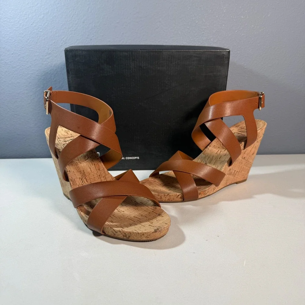 INC Landor Wedge Sandals Womens 11 Brown Strappy Cork Heel